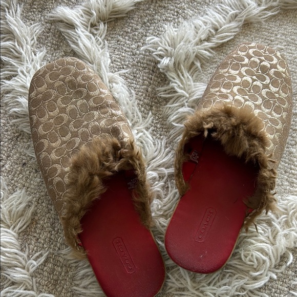 Coach Shoes - Coach Melody Women's Gold and Red Fur-Lined rabbit slippers